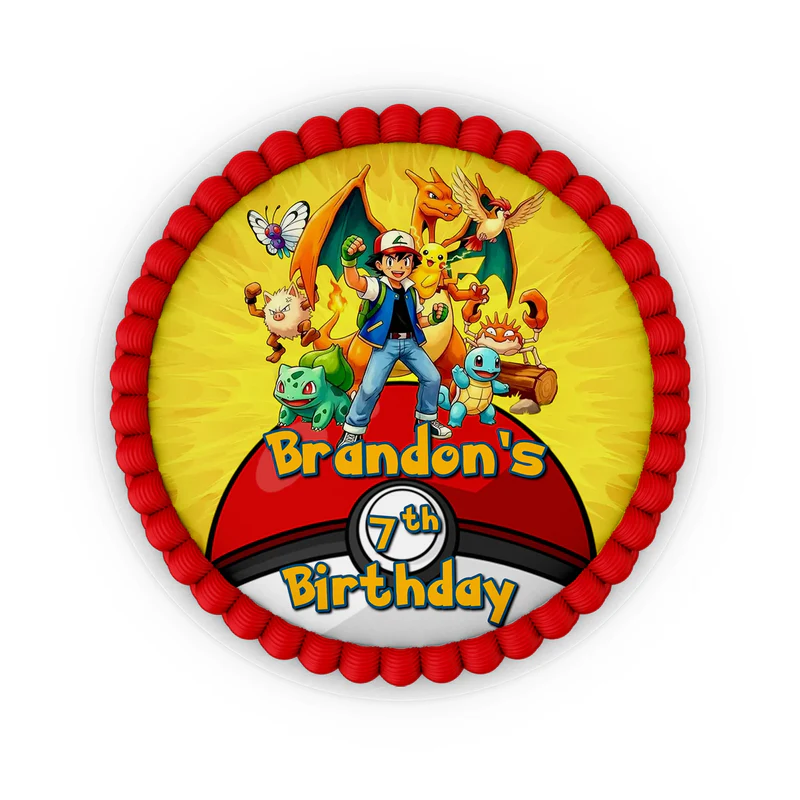 Pokemon personalized edible icing cake images with vibrant character portraits for custom birthday desserts.