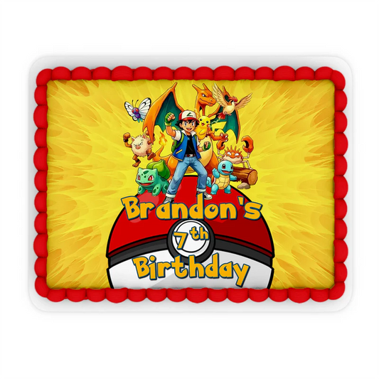 Pokemon personalized edible sheet cake images with blue background and festive character group graphics.