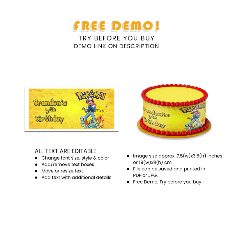 Custom Pokemon Personalized Cake Strips Image