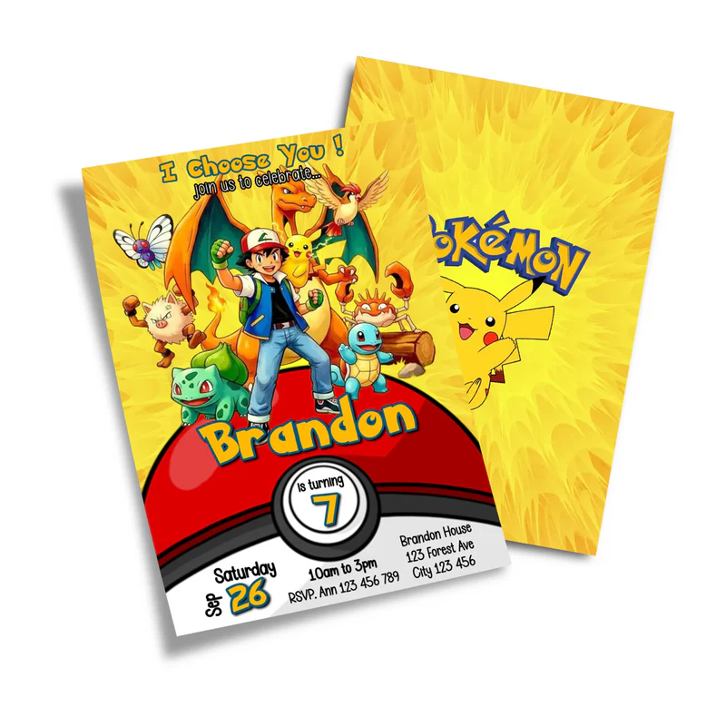 Pokemon personalized birthday card invitations with blue theme and festive party balloons.