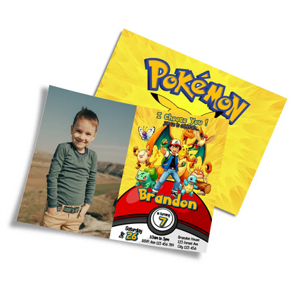 Pokemon photo card invitations featuring custom picture upload and character border on white background.