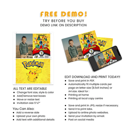 Custom Pokemon Personalized Photo Card Invitations