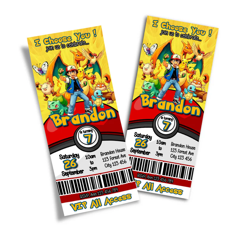 Pokemon birthday ticket invitations with VIP pass layout and personalized event details.