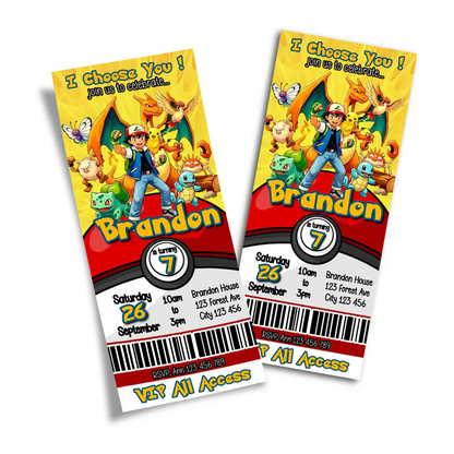 Pokemon birthday ticket invitations with VIP pass layout and personalized event details.