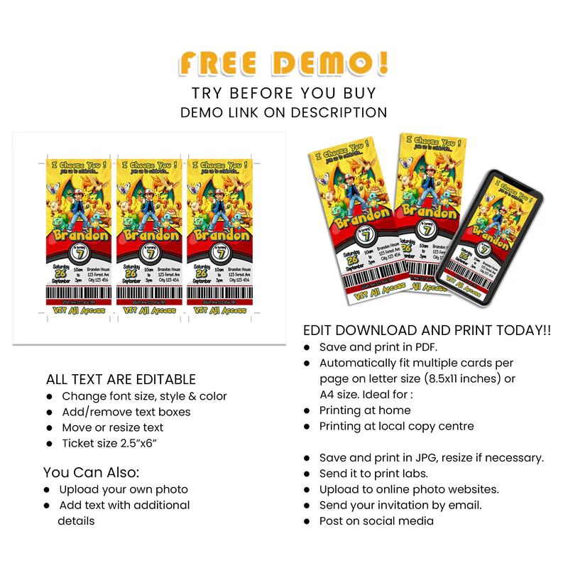 Best Pokemon Personalized Birthday Ticket Invitations