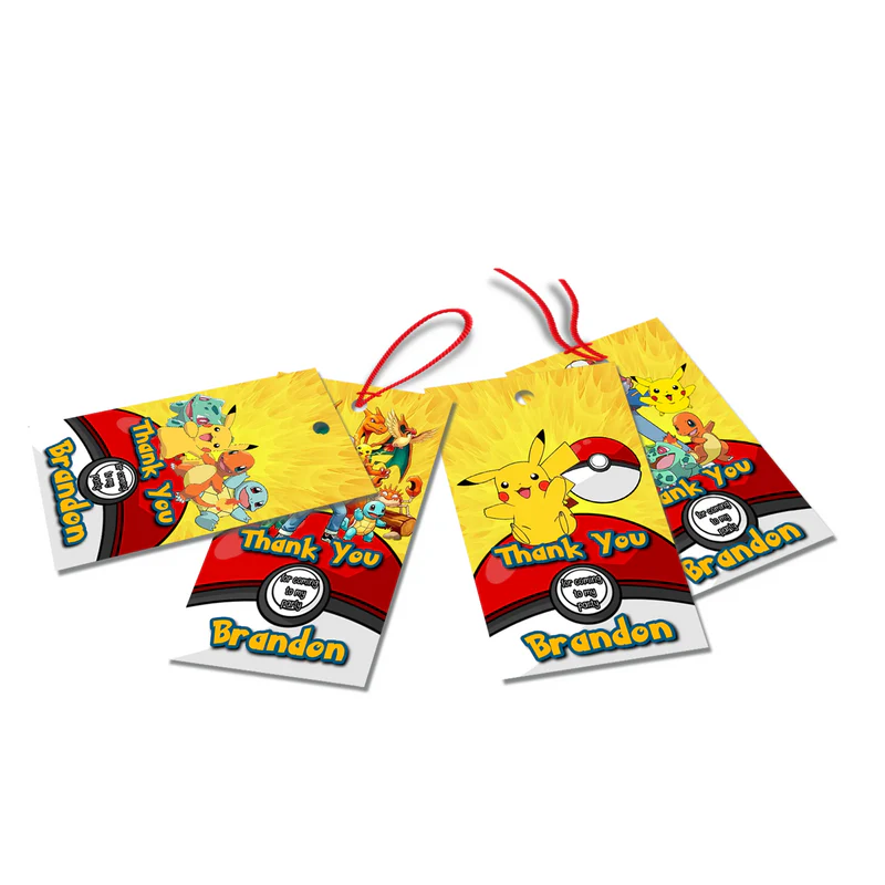 Pokemon thank you tags with colorful character graphics and personalized name for party favors.