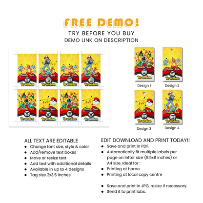 Custom Pokemon Party Favor Tags Digital Download