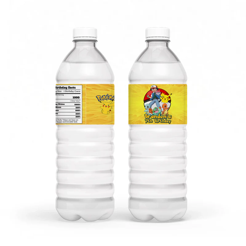 Pokemon water bottle label with blue character pattern and personalized birthday message.