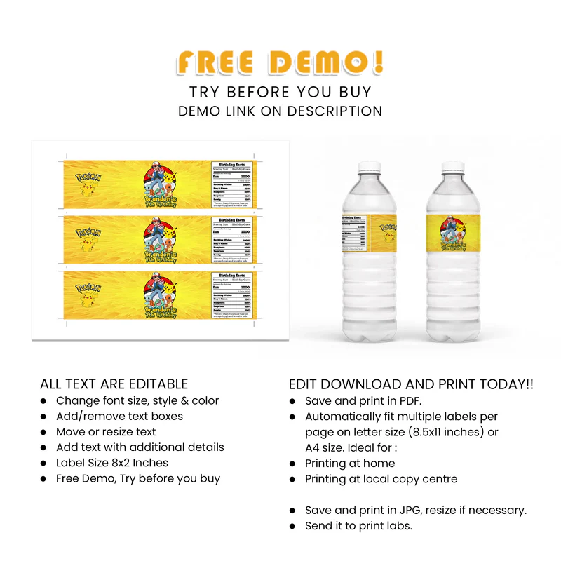 Buy Custom Pokemon Water Bottle Label Template