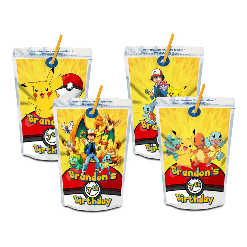Pokemon juice pouch label with festive character graphics and custom name for drink pouches.
