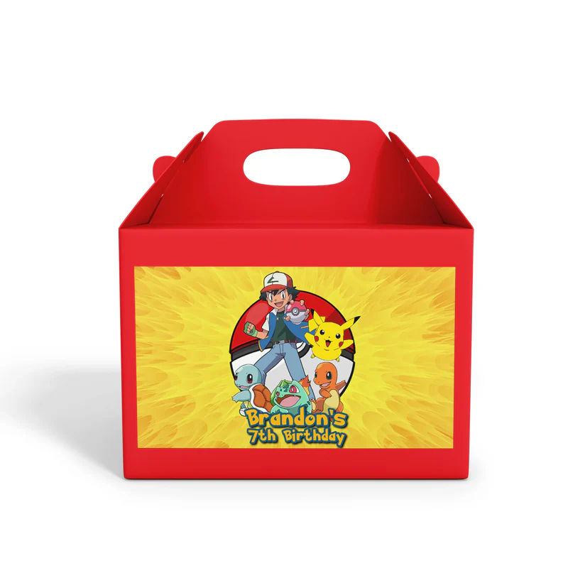 Pokemon treat box label featuring bright character art and personalized birthday age for favor boxes.
