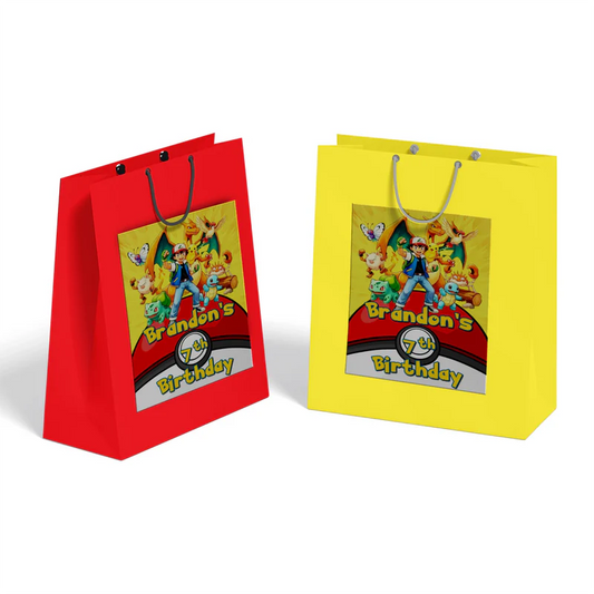 Pokemon goodie bag label with character group shot and custom name for birthday gift bags.