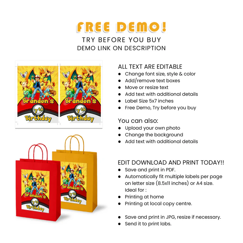 Buy Pokemon Goodie Bag Label Custom Printable