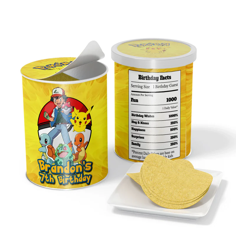 Pokemon small Pringles label with character wrap design and personalized text for chip cans.