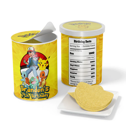 Pokemon small Pringles label with character wrap design and personalized text for chip cans.