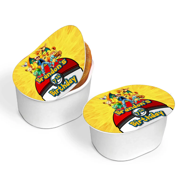 Pokemon mini Pringles label with vibrant character graphics and custom birthday name on white background.