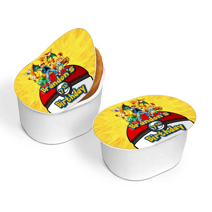 Pokemon mini Pringles label with vibrant character graphics and custom birthday name on white background.