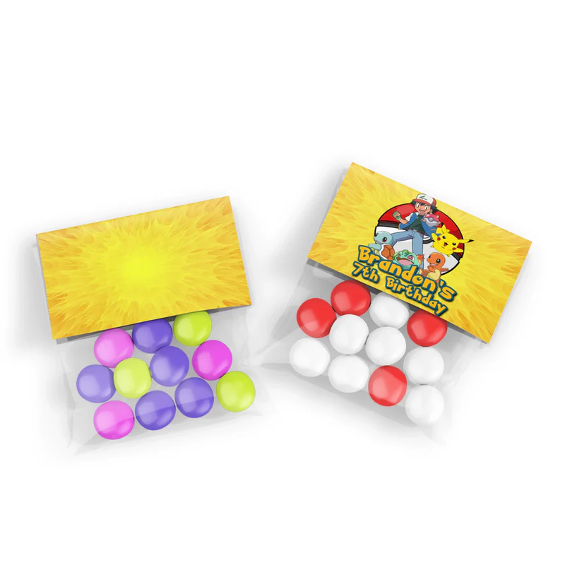 Pokemon treat bag topper label with character patterns and personalized thank you note for favors.