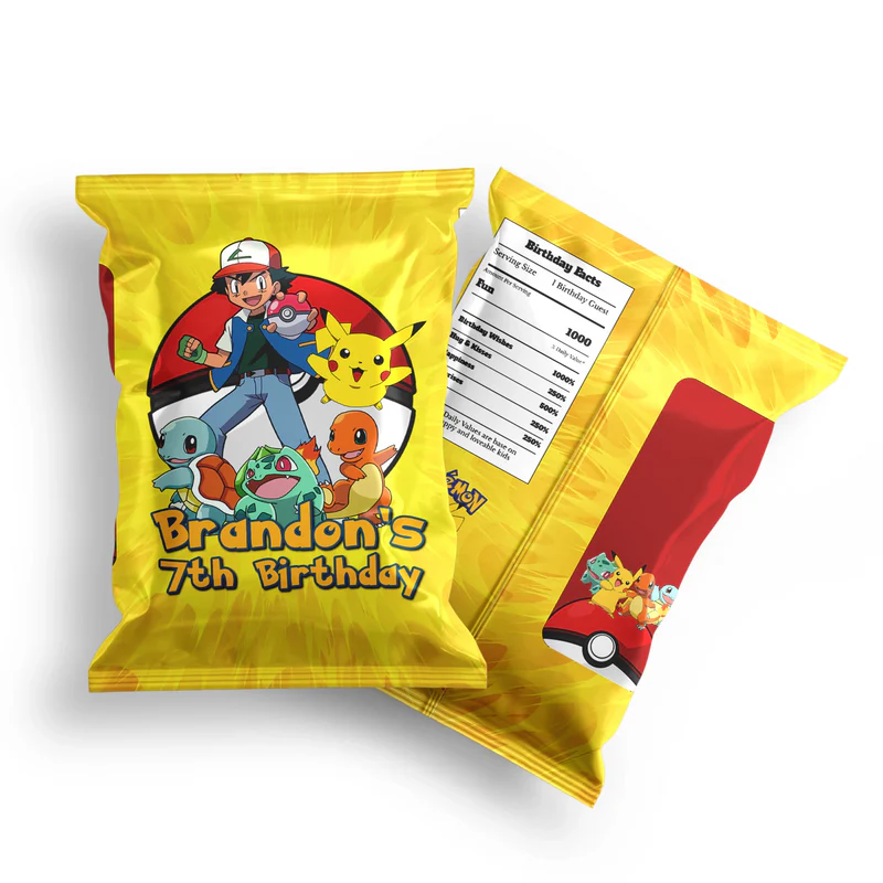 Pokemon chips bag label with colorful character design and custom name on flat lay snack bag.