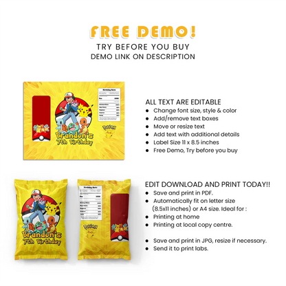 Custom Pokemon Chips Bag Label Wrapper