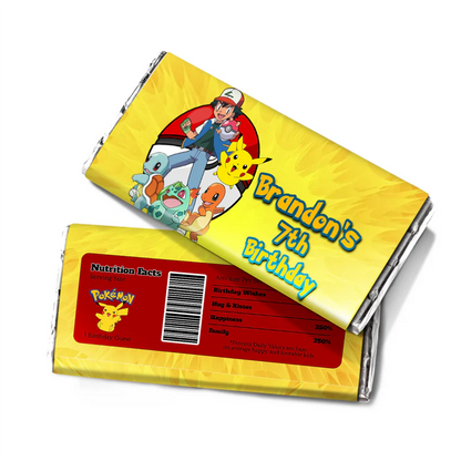 Pokemon chocolate label featuring character graphics and personalized name for candy bar wrappers.