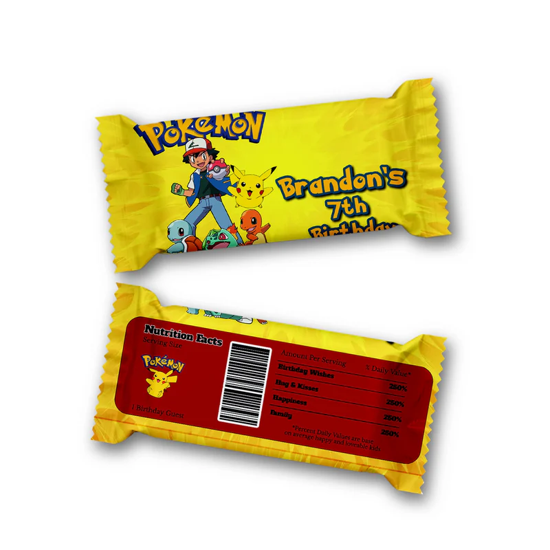 Pokemon Rice Krispies treats and candy bar label set with character art and custom birthday text.