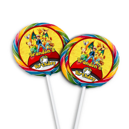 Pokemon lollipop label with circular character portraits and personalized name for sweet treats.