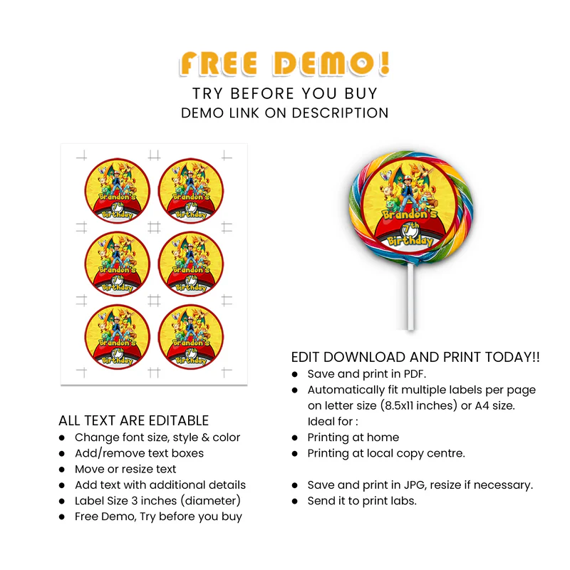 Custom Pokemon Lollipop Label Party Printable