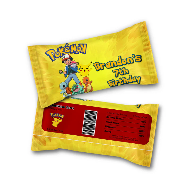Pokemon Skittles label with vibrant character patterns and custom name for candy pack wrappers.
