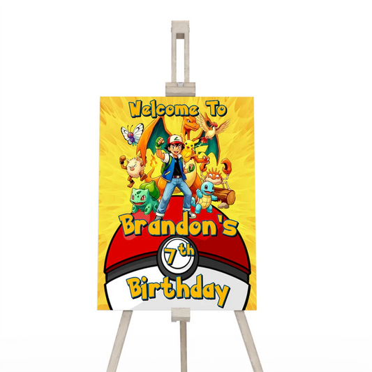 Pokemon welcome sign featuring character graphics and personalized guest greeting for event entrance.