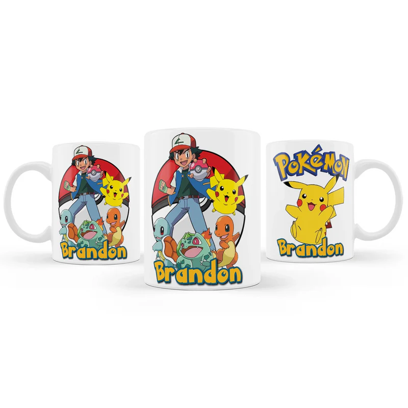 Pokemon sublimation mug with character wrap design and personalized name on white ceramic.