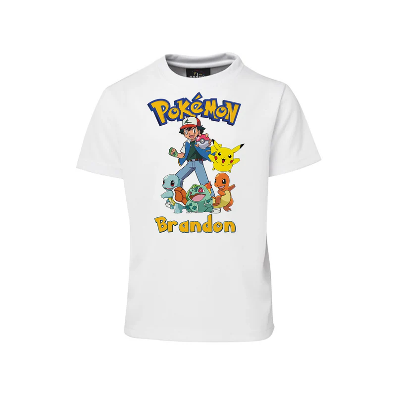 Pokemon sublimation t-shirt with large character print and personalized name on white cotton.