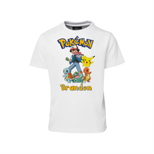Pokemon sublimation t-shirt with large character print and personalized name on white cotton.