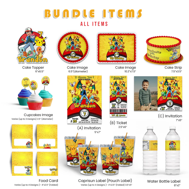 Pokemon personalized party pack bundle with bright digital templates and character graphics on white background.