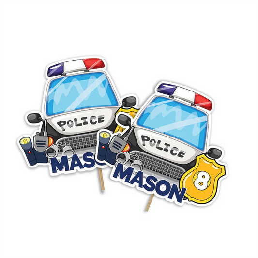 Kids police cake toppers with police car graphics on round cardstock cutouts