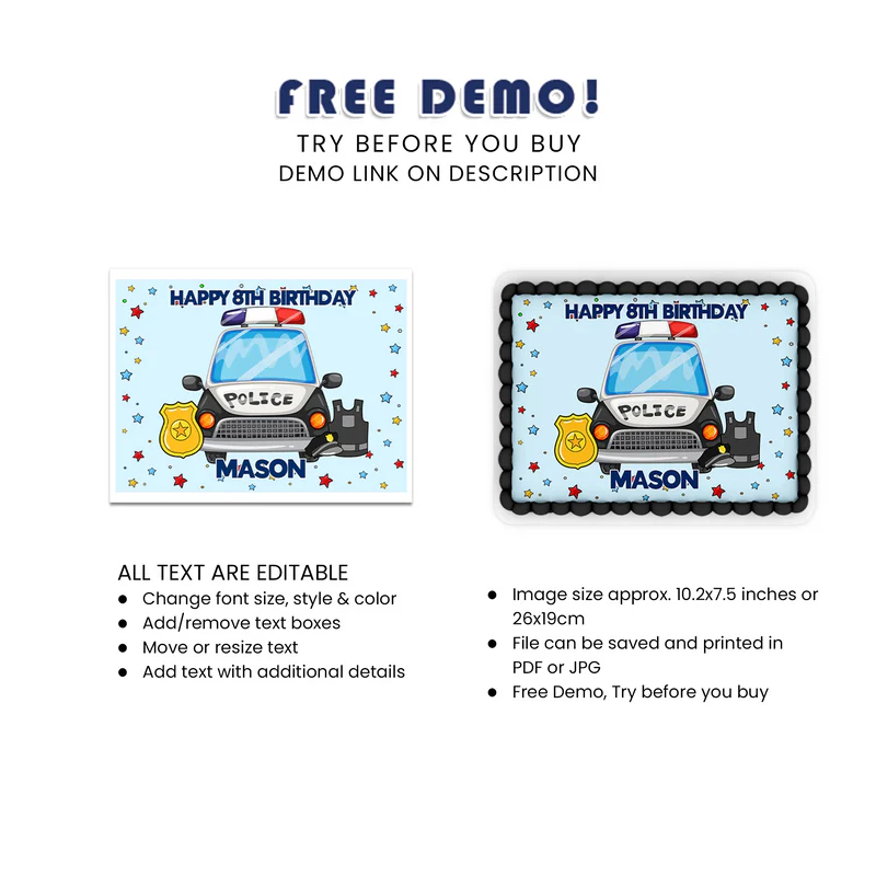 Kids Police Icing Sheet Cake Topper Images Party Decoration