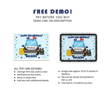 Kids Police Icing Sheet Cake Topper Images Party Decoration