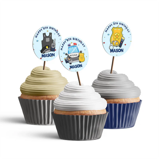 Kids police cupcake toppers with cartoon police car and personalized details