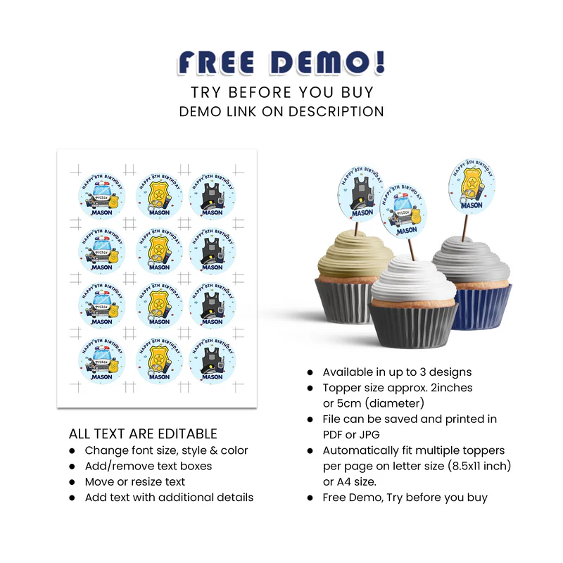 Kids Police Cupcakes Toppers Personalized Birthday Party Decor