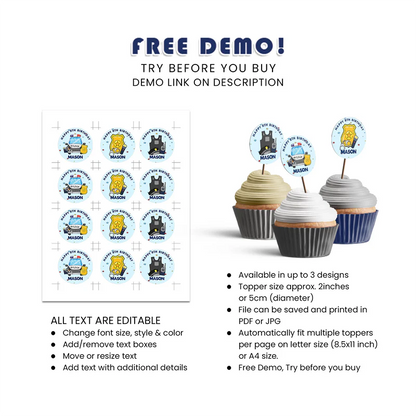 Kids Police Cupcakes Toppers Personalized Birthday Party Decor