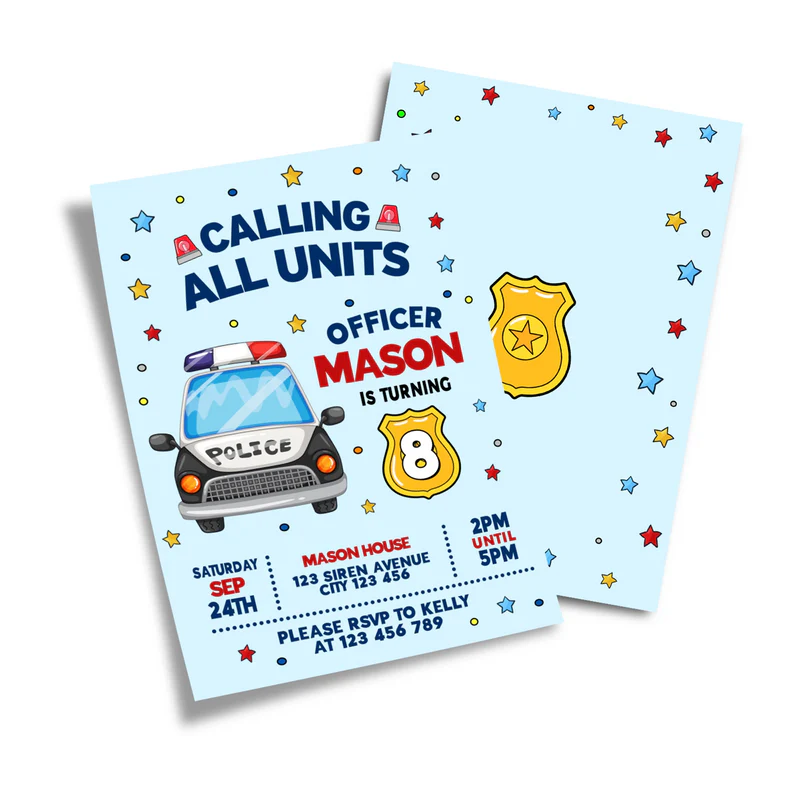 Kids police birthday card invitations with custom police badge and text