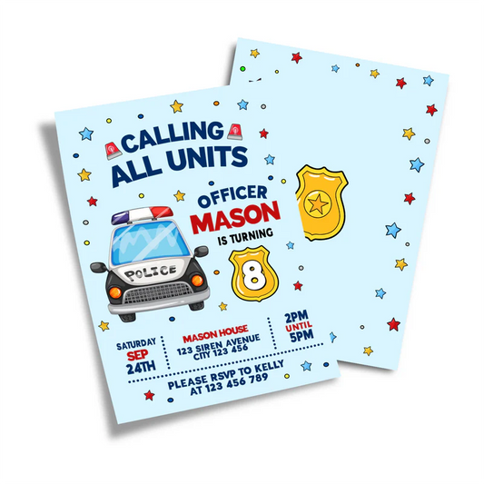 Kids police birthday card invitations with custom police badge and text