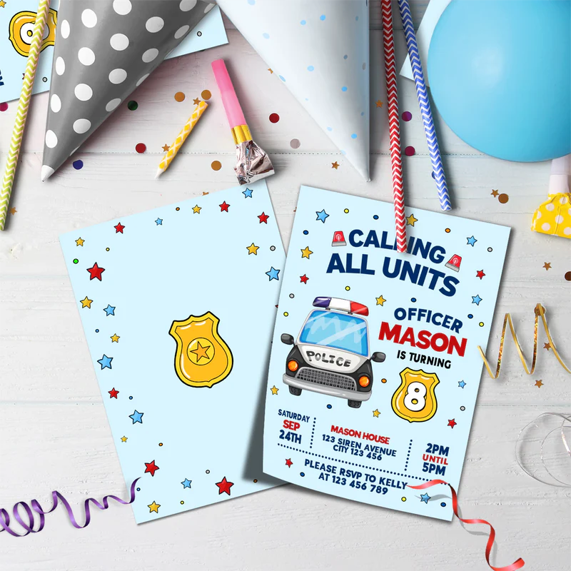 Police Car Birthday Decorations, Cop Party Supplies, Police Themed, Police cop Digital Template, Editable Kids Police Image SVG PNG