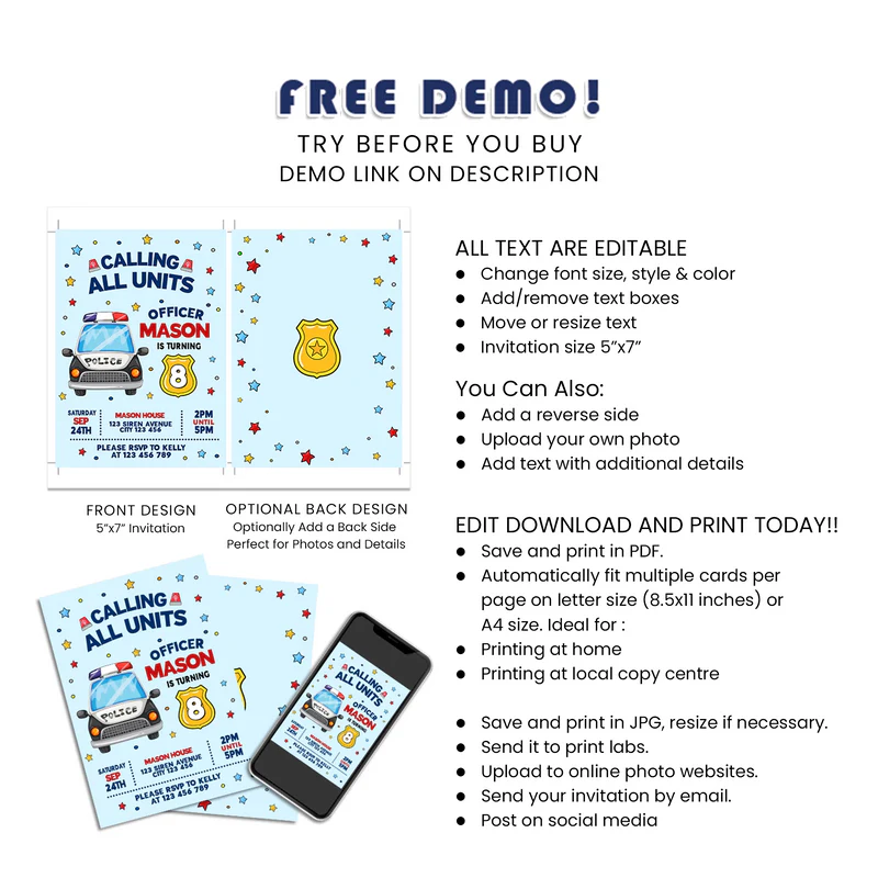 Kids Police Birthday Card Invitations Custom Party Printable