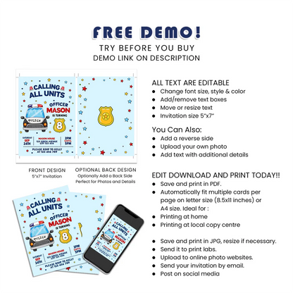 Kids Police Birthday Card Invitations Custom Party Printable