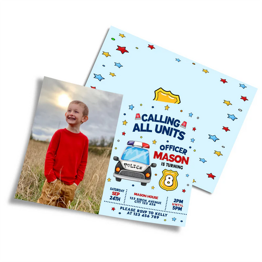Kids police photo card invitations with child’s picture and police car border