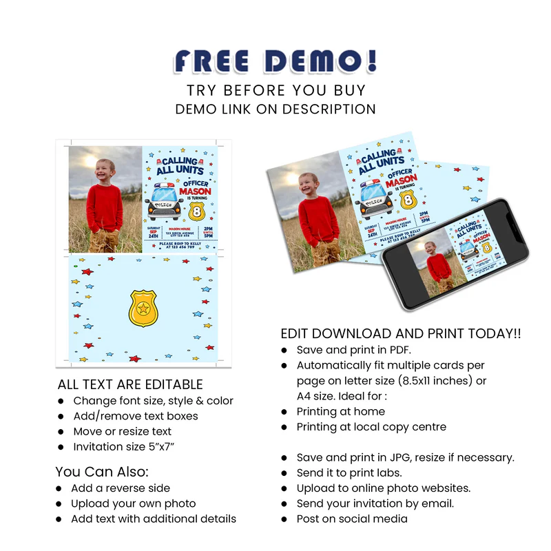 Kids Police Photo Card Invitations Personalized Birthday Invite