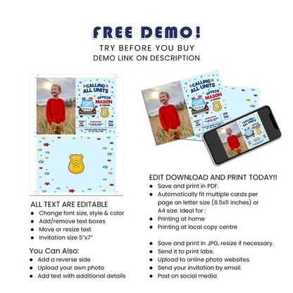 Kids Police Photo Card Invitations Personalized Birthday Invite