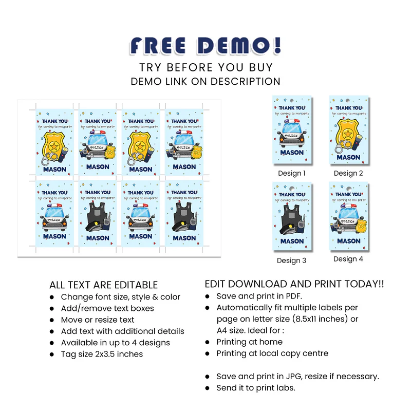 Kids Police Favor Tags Personalized Party Favor Decoration