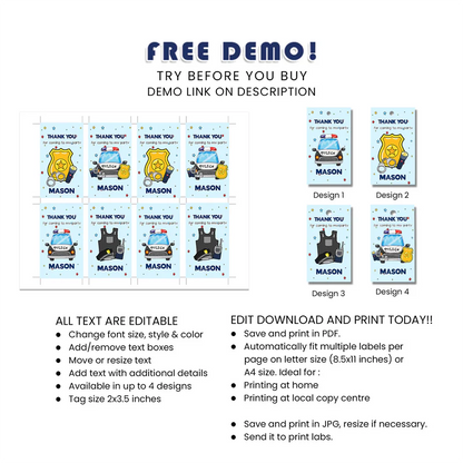 Kids Police Favor Tags Personalized Party Favor Decoration